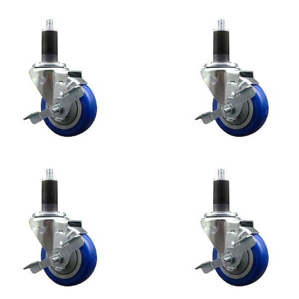 Service Caster 3.5'' Blue Poly Swivel 1-1/4'' Expanding Stem Caster Set with Brake, 4PK SCC-EX20S3514-PPUB-BLUE-TLB-114-4 - main
